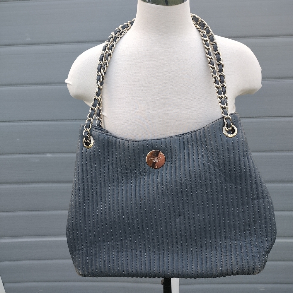 Henri Bendel No. 7 Quilted Nappa Leather Tote Bag Grey Gold Chain Classic